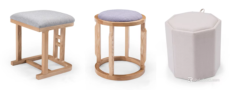 Wooden Stools With Gray And Purple Cushions For Modern Home Decor 3d model 