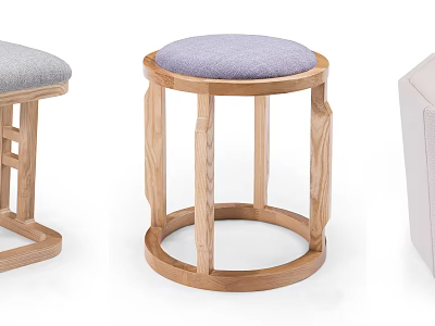 Wooden Stools With Gray And Purple Cushions For Modern Home Decor 3d model