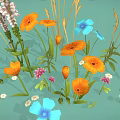 Cartoon Scene With Orange Blue Pink White Flowers And Green Leaves On Light Green Background