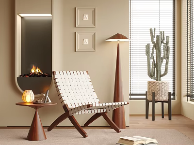 Cozy Living Interior With Woven Leisure Chair Fireplace Floor Lamp Cactus And Side Table Book 3d model
