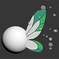 White Spherical Creature With Green White Wing Structures And Floating Dots On Black Background