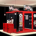 Tech Exhibition Hall Showcasing Various Clock Designs In Red Frame With Decorations 3d model