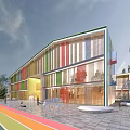 Modern School Building With Colorful Facade Outdoor Area And Green Trees