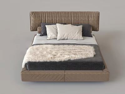 Double Bed With Beige Tufted Headboard Grey And White Pillows Faux Fur Throw 3d model