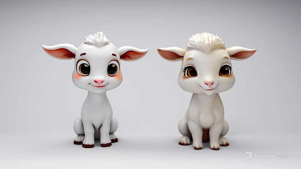 Cute White Cartoon Lambs With Big Eyes Sitting On Gray Background 3d model 