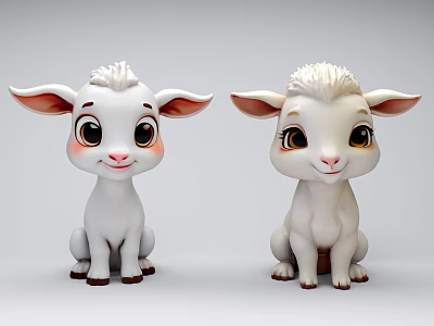 Cute White Cartoon Lambs With Big Eyes Sitting On Gray Background 3d model