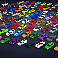 Colorful Small Cars In Various Colors Neatly Arranged On Dark Background