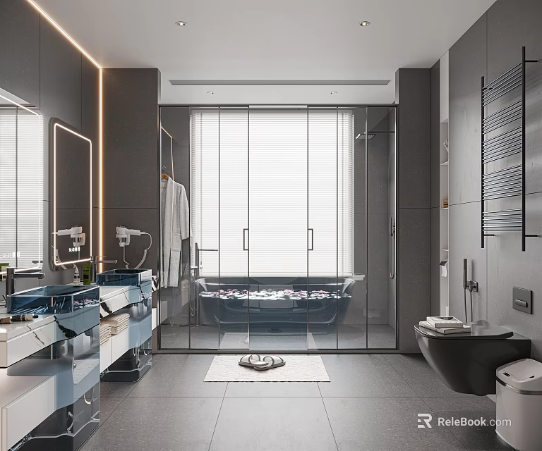 Modern Bathroom Interior Design With Freestanding Bathtub Glass Shower And Double Vanity 3d model 