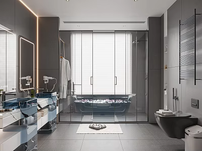 Modern Bathroom Interior Design With Freestanding Bathtub Glass Shower And Double Vanity 3d model