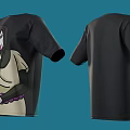 Black Short Sleeve T-shirt With Long Hair Cartoon Character Graphic Print