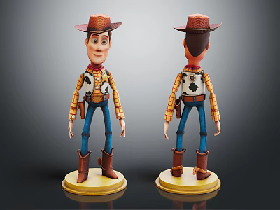 Woody Cowboy Toy Figure Front Back View Brown Hat Vest Blue Pants On Yellow Base 3d model