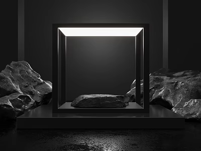Illuminated Square Frame Display With Central Stone And Surrounding Rocks On Black Background 3d model
