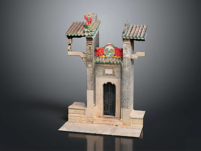 Classical Chinese Stone Gateway With Ornate Roof Carvings And Central Floral Decor 3d model