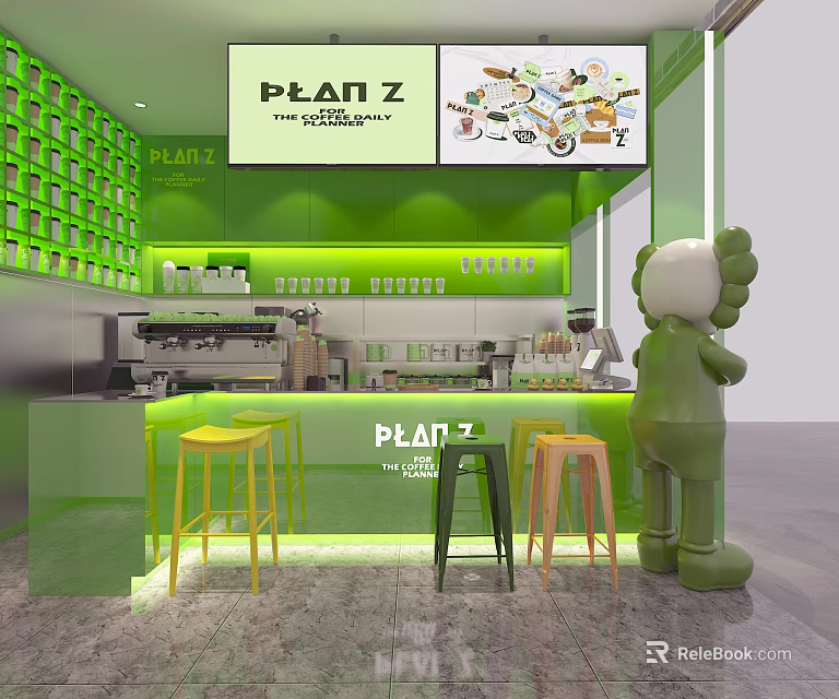 Plan Z Café Interior With Green Walls Open Counter Colorful Stools And Cartoon Sculpture 3d model 