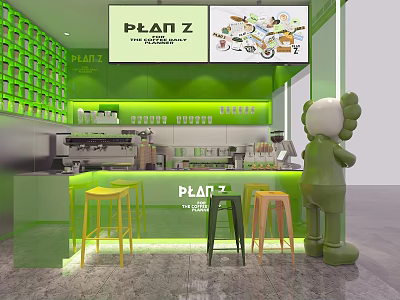 Plan Z Café Interior With Green Walls Open Counter Colorful Stools And Cartoon Sculpture 3d model