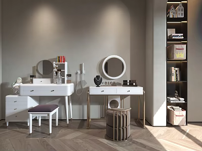 Modern Dressing Table with Round Mirror Stool Drawers and Storage Shelves 3d model