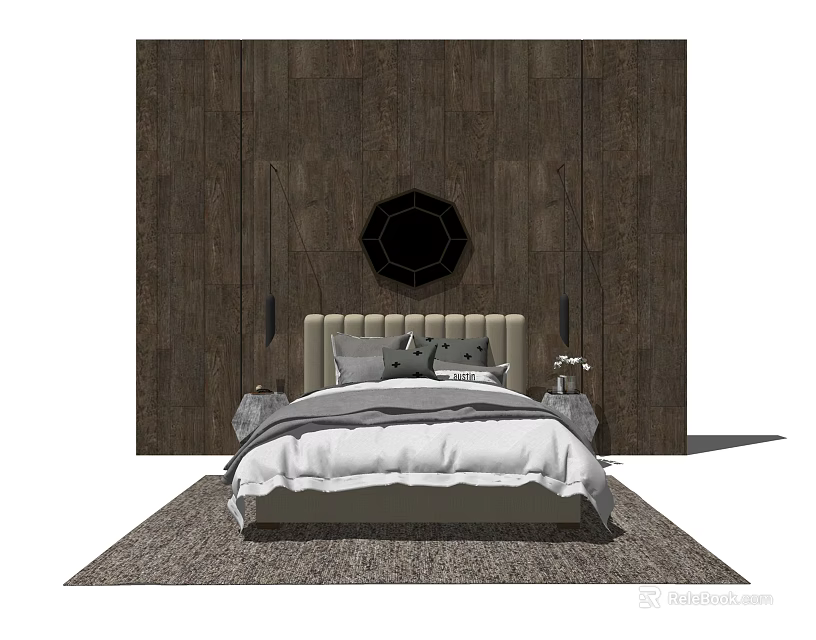 Background Double Bed With Wooden Wall Round Mirror Upholstered Headboard And Area Rug 3d model 