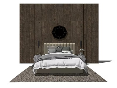 Background Double Bed With Wooden Wall Round Mirror Upholstered Headboard And Area Rug 3d model
