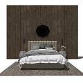 Background Double Bed With Wooden Wall Round Mirror Upholstered Headboard And Area Rug