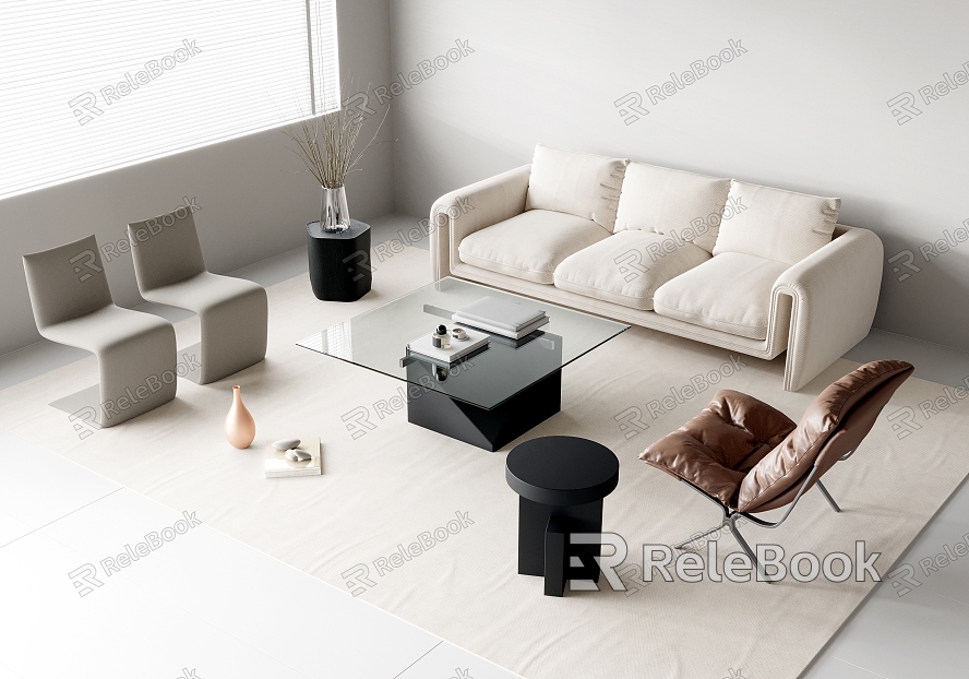 Combination Sofa Fabric Multi-person Sofa Leather Lazy Chair Casual Single Chair Glass Coffee Table Solid Wood Round Vase Branches model