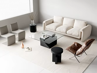 Combination Sofa Fabric Multi-person Sofa Leather Lazy Chair Casual Single Chair Glass Coffee Table Solid Wood Round Vase Branches 3d model