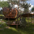 Unique Spherical Wooden House in Forest with Trees Grass Walkway and Pool Platform