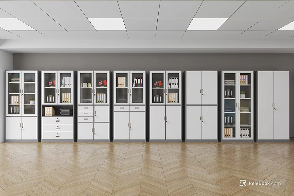 Row Of Modern White Bookcases With Glass Doors And Wooden Shelves On Herringbone Floor 3d model 