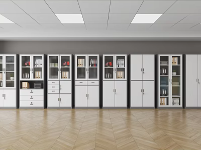 Row Of Modern White Bookcases With Glass Doors And Wooden Shelves On Herringbone Floor 3d model