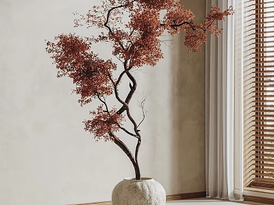 Red Leaf Bonsai with Twisted Trunk in White Stone Pot and Wooden Blinds 3d model