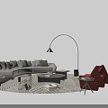 Modern Light Gray L Sofa with Cushions and Glass Top Coffee Table Set on Rug