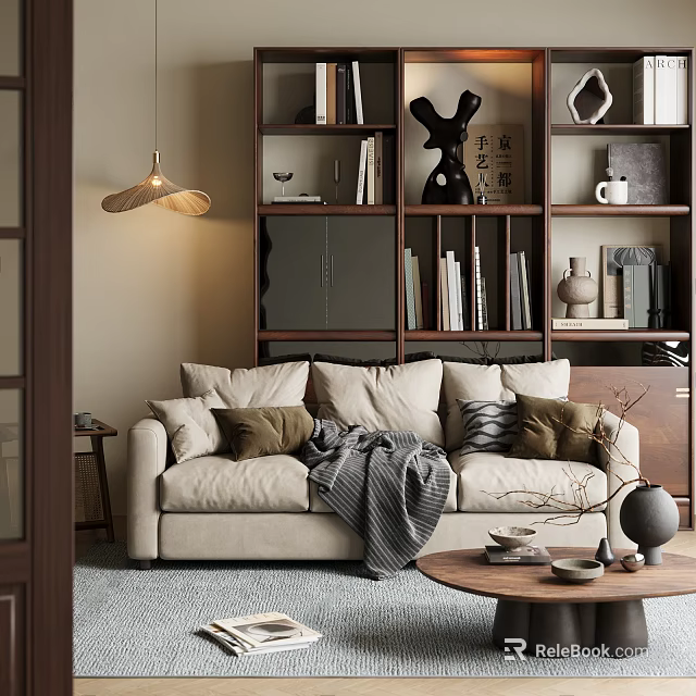 Warm Study Room with Comfortable Sofa Plush Pillows Throw Blanket Wooden Bookshelves and Pendant Light 3d model 