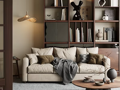 Warm Study Room with Comfortable Sofa Plush Pillows Throw Blanket Wooden Bookshelves and Pendant Light 3d model