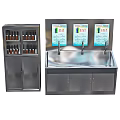 Stainless Steel Washbasin with Three Faucets Instruction Boards and Storage Cabinet
