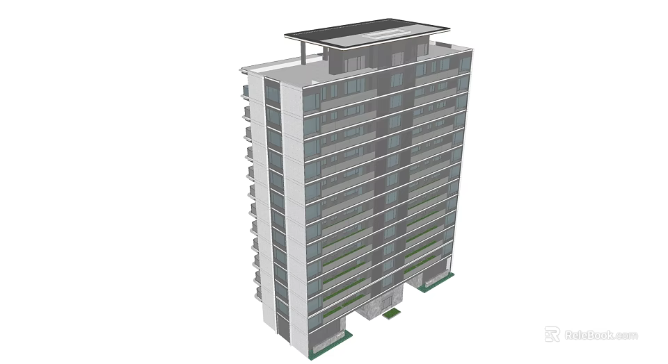 Modern High Rise Residential Building with Balconies White Exterior and Roof Structure 3d model 