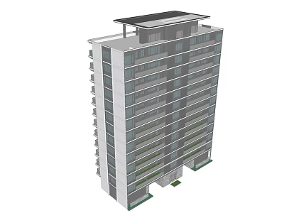 Modern High Rise Residential Building with Balconies White Exterior and Roof Structure 3d model