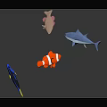 Colorful Marine Animals Including Clownfish Shark And Blue Tang In Dark Scene