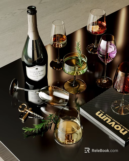 Sophisticated Champagne Bottle And Wine Glasses With Colored Wines Rosemary Garnish And Corkscrew 3d model 