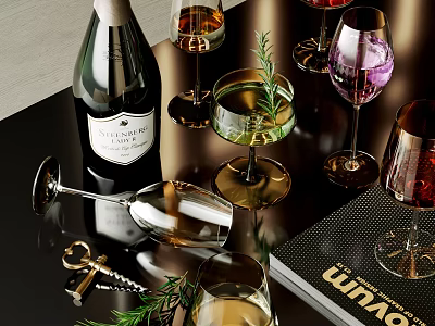 Sophisticated Champagne Bottle And Wine Glasses With Colored Wines Rosemary Garnish And Corkscrew 3d model