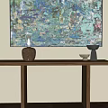 Wooden Console Table with Table Lamp Sculpture and Colorful Abstract Painting in Modern Interior