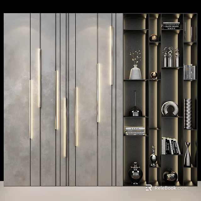 Modern Decorative Cabinet Interior Design With Lighting Shelves Books And Ornaments 3d model 