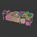 Table Display Of Handmade Wicker Baskets Clay Pots And Wooden Crates