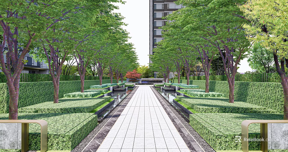 Landscape Wall In Modern Garden With Lined Trees Hedges And Stone Path 3d model