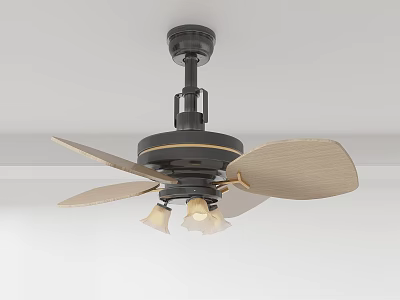 Modern Stylish Ceiling Fan With Beige Blades Black Motor And Illuminated Light Fixtures 3d model
