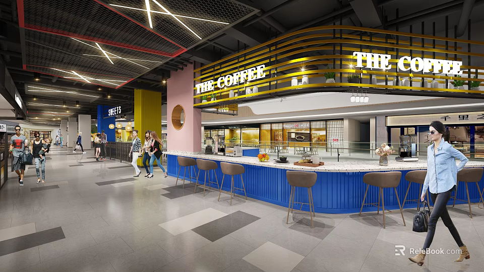 Shopping Mall Lobby Interior With The Coffee Area Blue Bar And Yellow Signage 3d model 