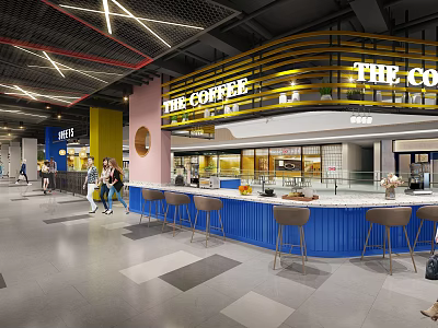 Shopping Mall Lobby Interior With The Coffee Area Blue Bar And Yellow Signage 3d model