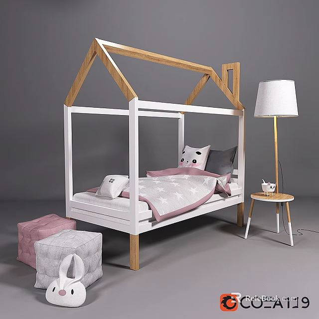 House Shaped Children's Bed With White Frame Wooden Roof And Pink Gray Bedding 3d model 