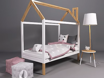 House Shaped Children's Bed With White Frame Wooden Roof And Pink Gray Bedding 3d model