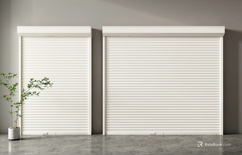 White Roller Shutters With Green Plant Nearby Gray Wall And Floor Interior 3d model 