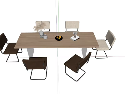 Modern Wooden Dining Table With Brown And Beige Chairs And Decorative Items 3d model
