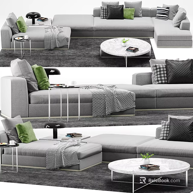 Modern Double Sofa Interior With Green Pillows And Round Coffee Table 3d model